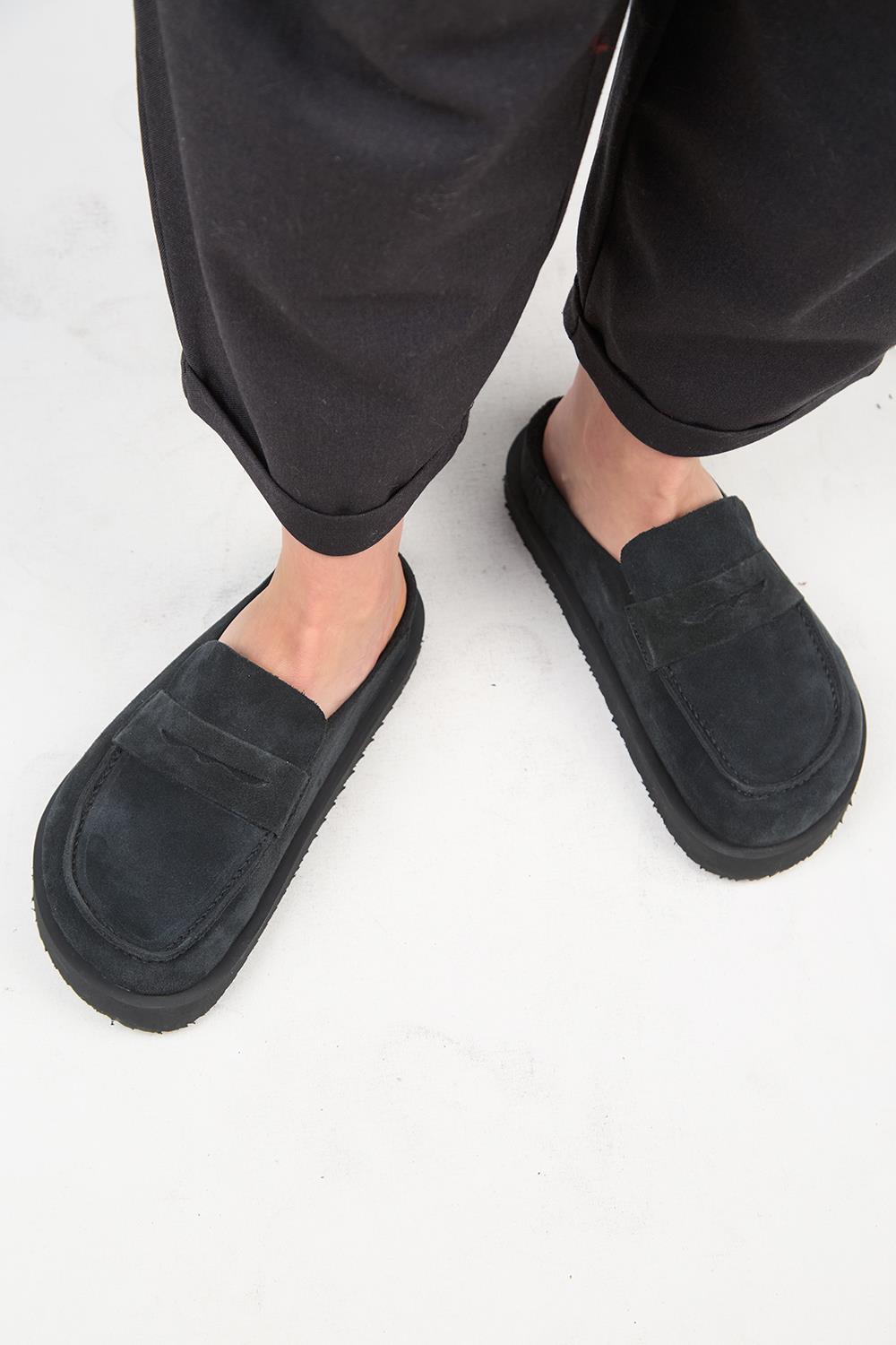 Manijero (Ziva) Kadın Hakiki Deri Loafer Platform Antrasit Terlik