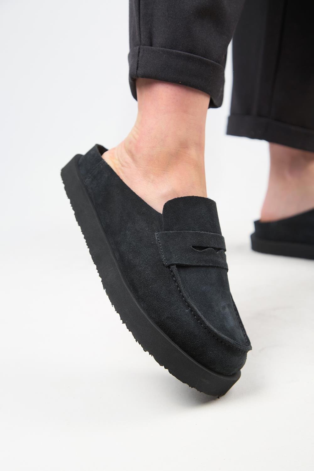Manijero (Ziva) Kadın Hakiki Deri Loafer Platform Antrasit Terlik