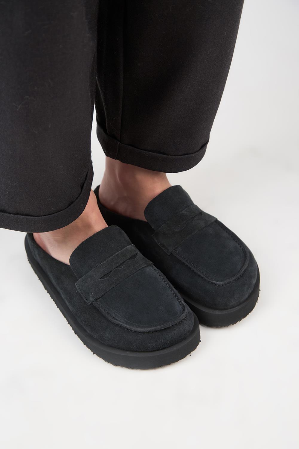 Manijero (Ziva) Kadın Hakiki Deri Loafer Platform Antrasit Terlik