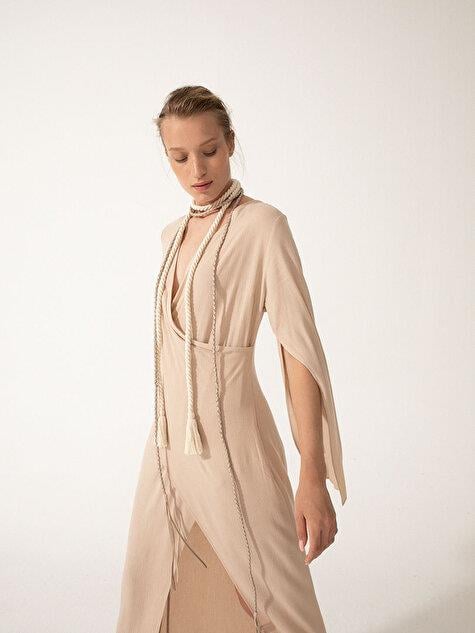 Wrap Long Sleeve Maxi Dress - Beige