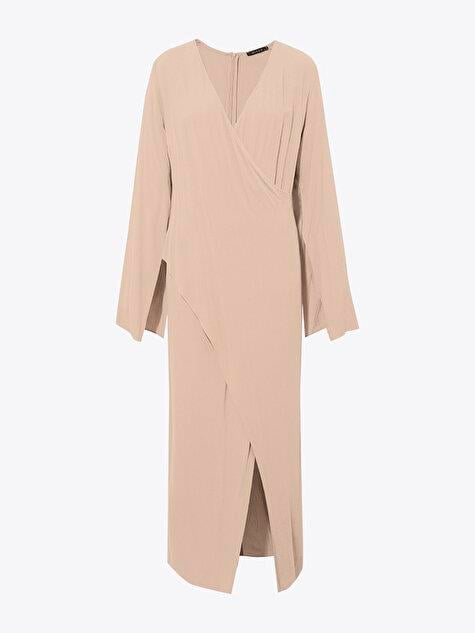 Wrap Long Sleeve Maxi Dress - Beige