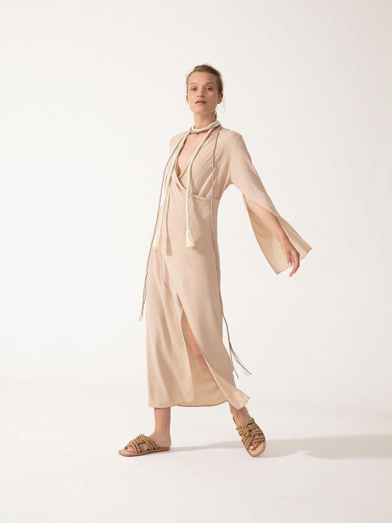Wrap Long Sleeve Maxi Dress - Beige