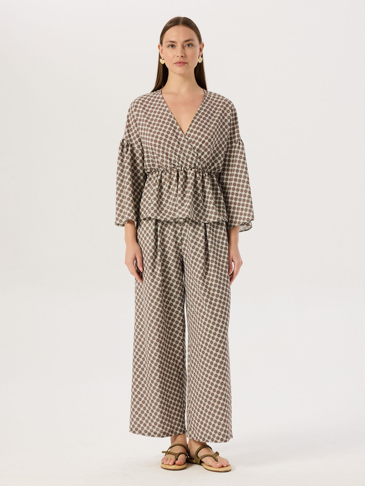Wrap Cut Elastic Waist Blouse - Patterned Bluz Modelleri