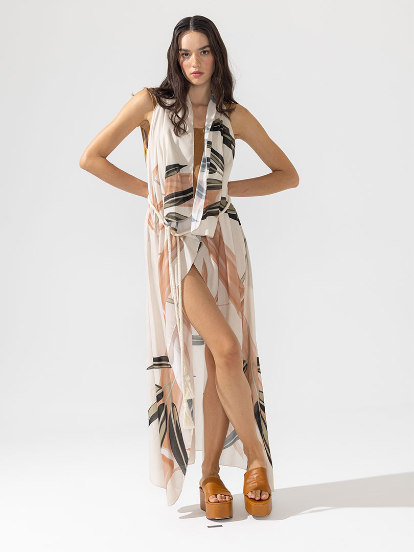 Beli Bağlamalı Kimono Yelek - Bej Desenli