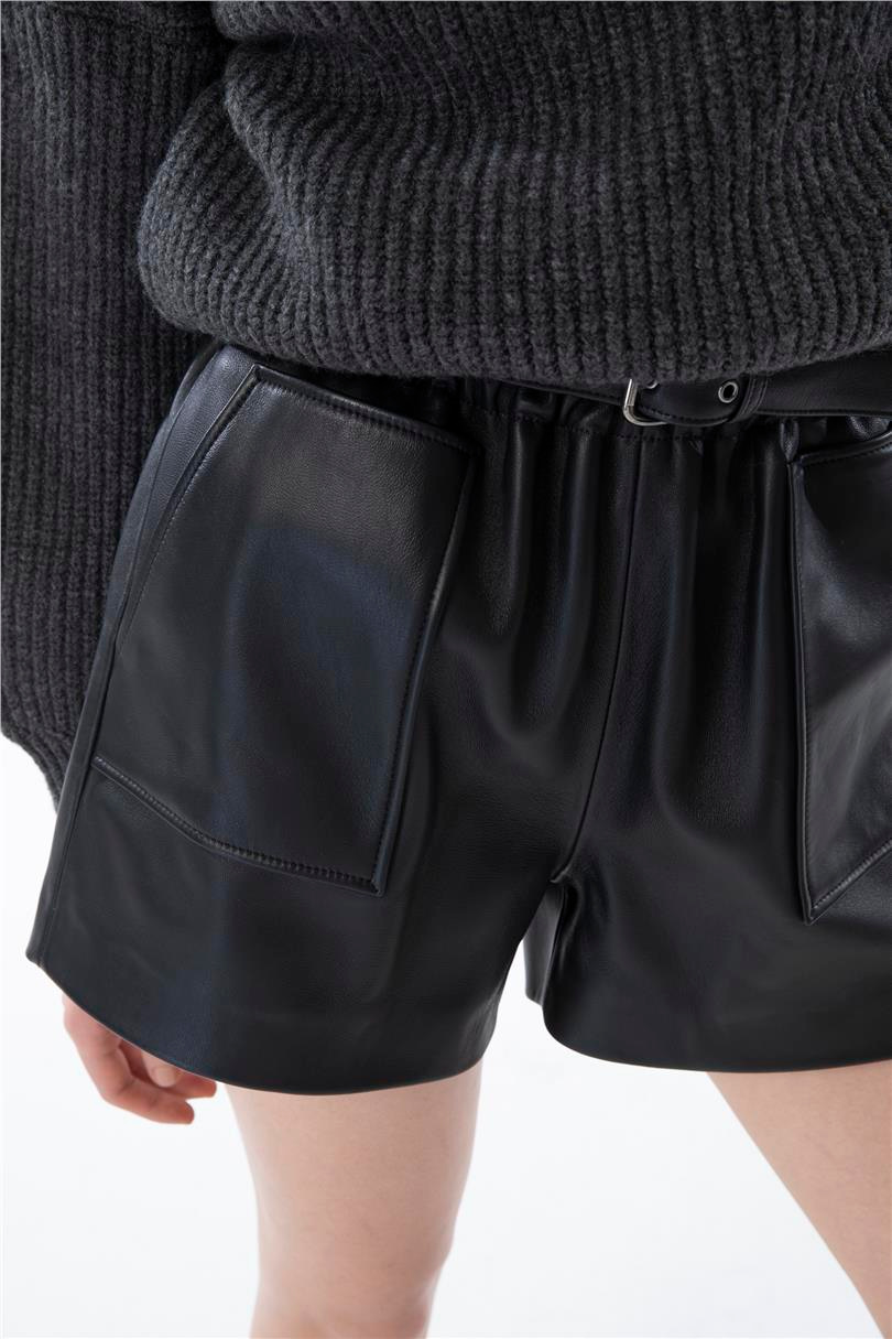 MELONGENA Belted Leather Shorts