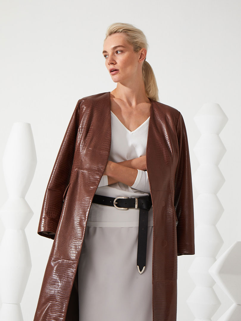 ARAUCARIA Belted Croco Textured Leather Trench Coat