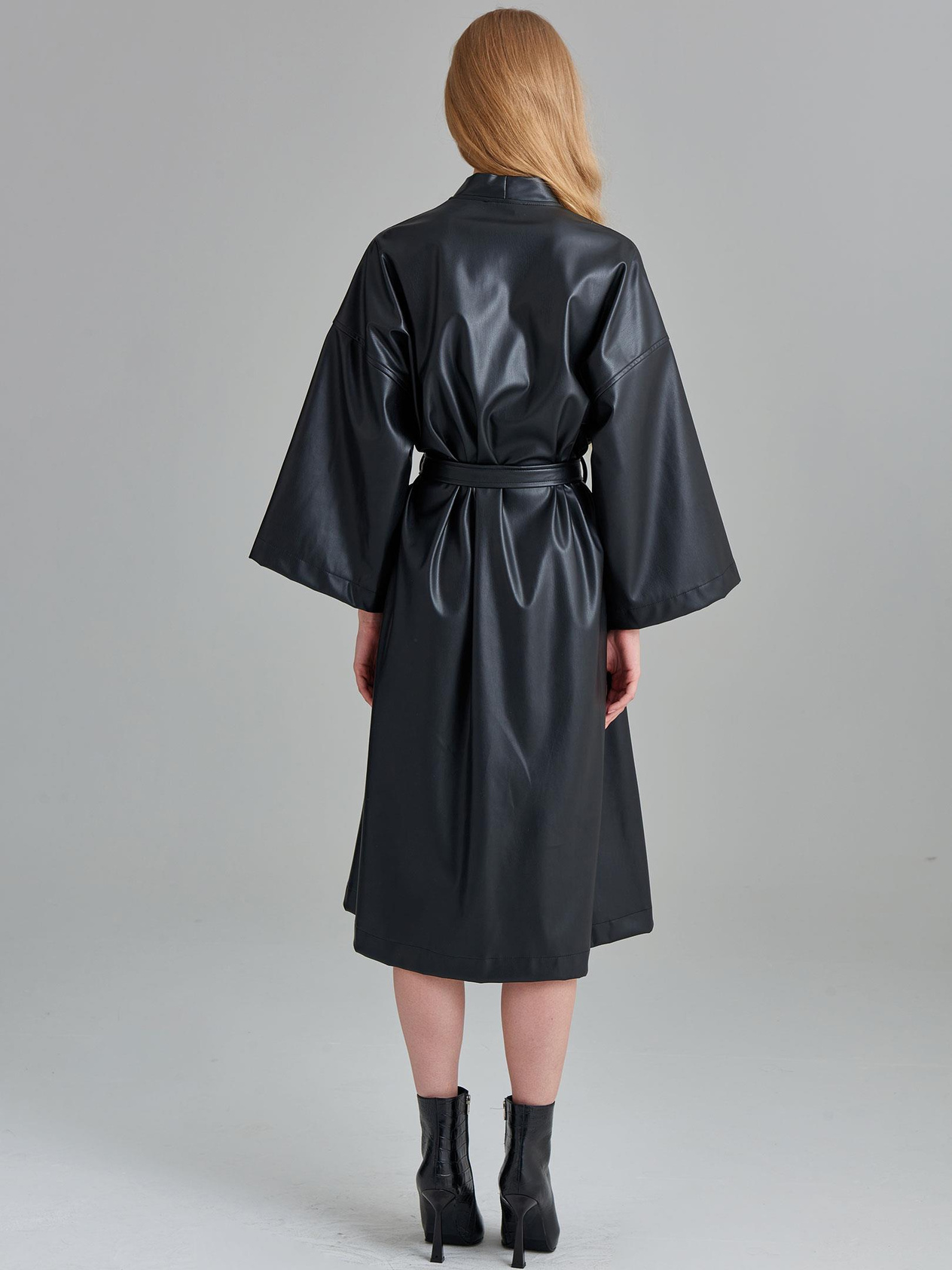 Belted Vegan Leather Long Kimono - Black Vegan Leather Jacket Modelleri