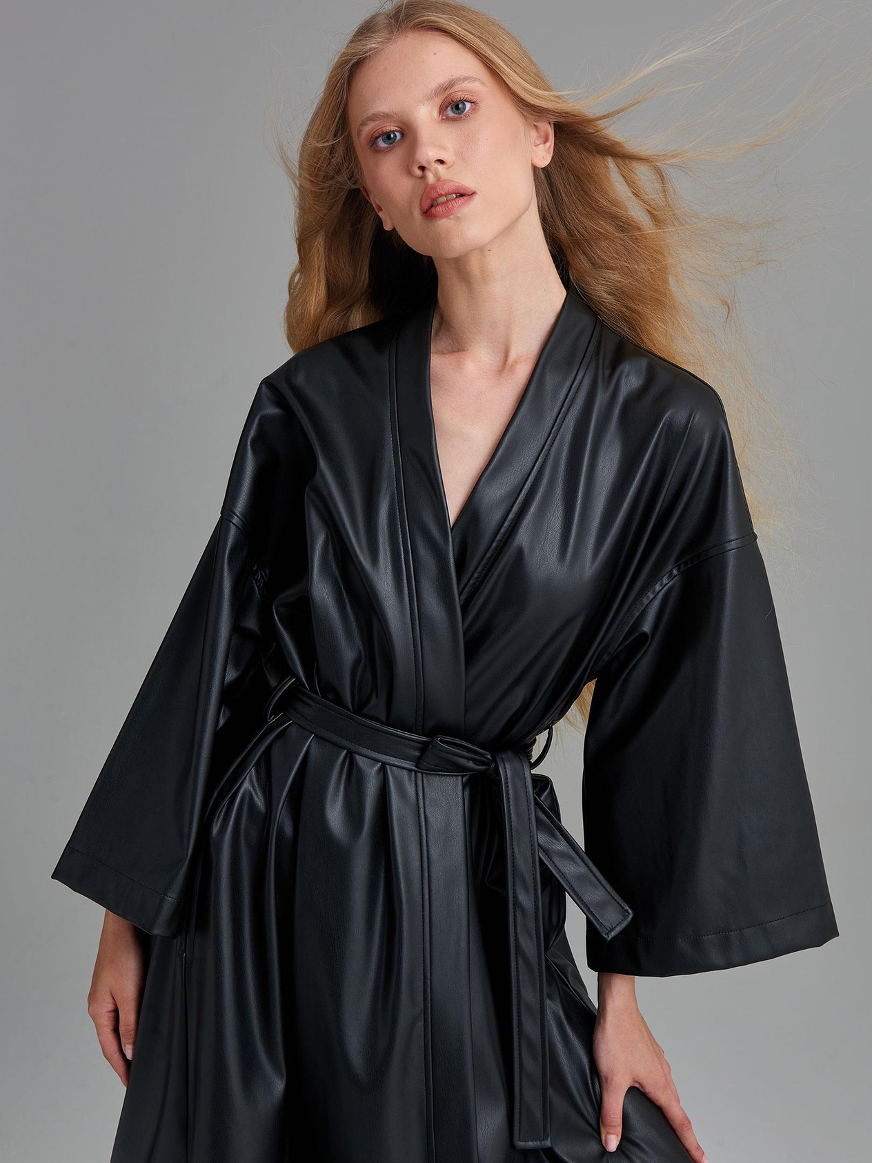 Belted Vegan Leather Long Kimono - Black Vegan Leather Jacket Modelleri