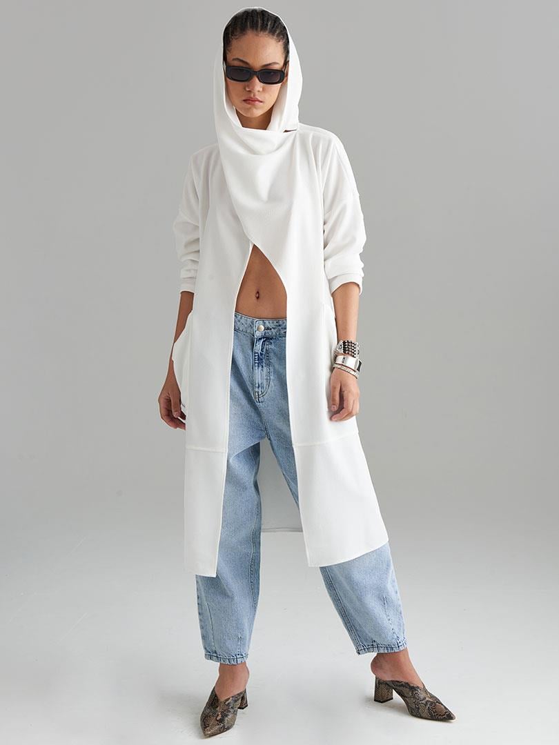 Cardigan Jacket With Neck Detail And Pockets - Ecru