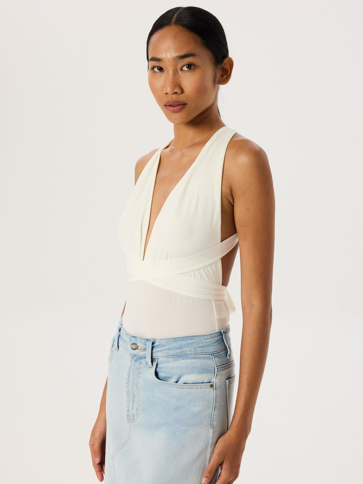 Deep Neckline Iconic Bodysuit - Ecru Body & Blouse Modelleri