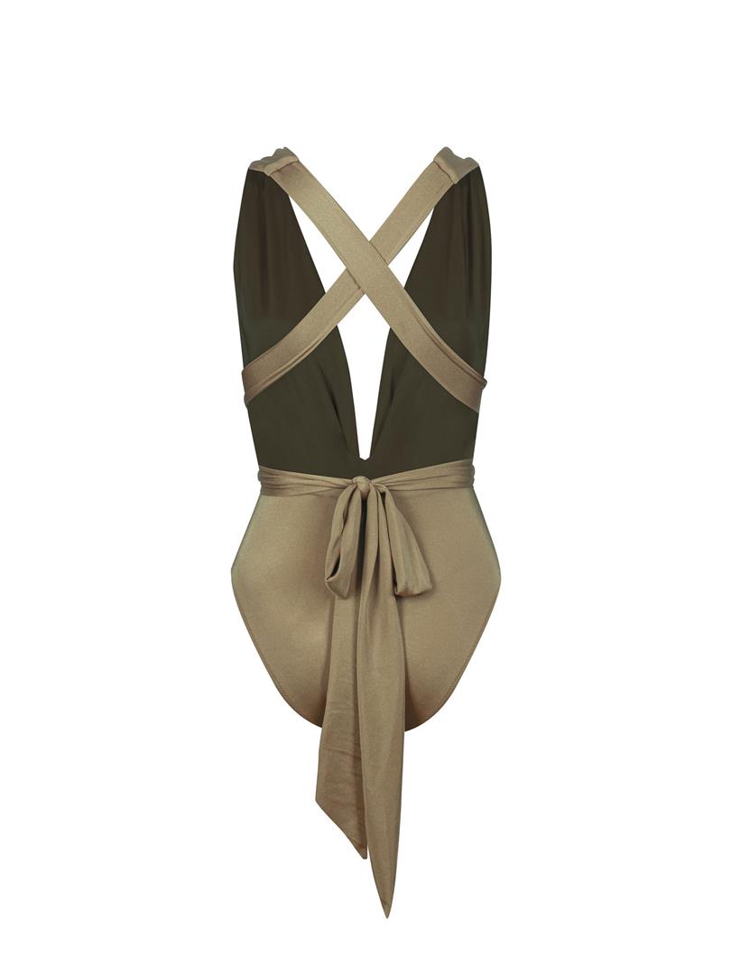 AQUILA Khaki Swimsuit With Deep Cleavage and Tie Detail