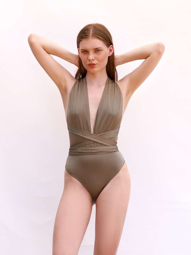 AQUILA Khaki Swimsuit With Deep Cleavage and Tie Detail