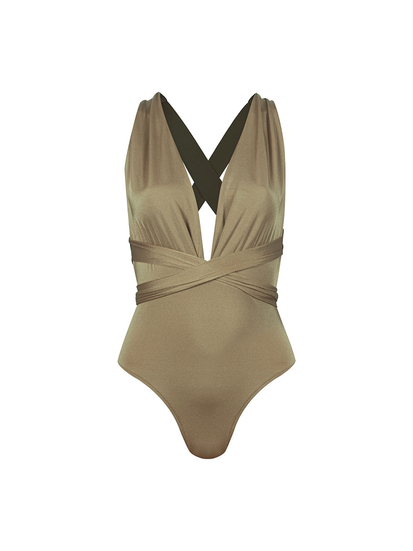 AQUILA Khaki Swimsuit With Deep Cleavage and Tie Detail