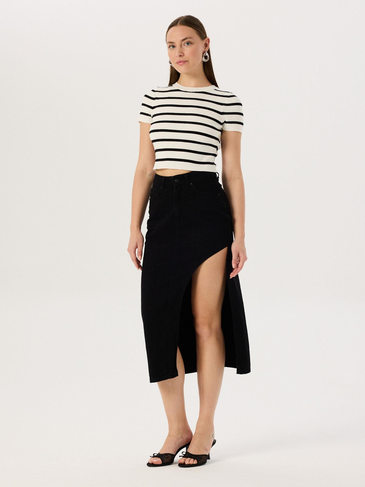 Deep Slit Denim Skirt - Black Skirt Modelleri
