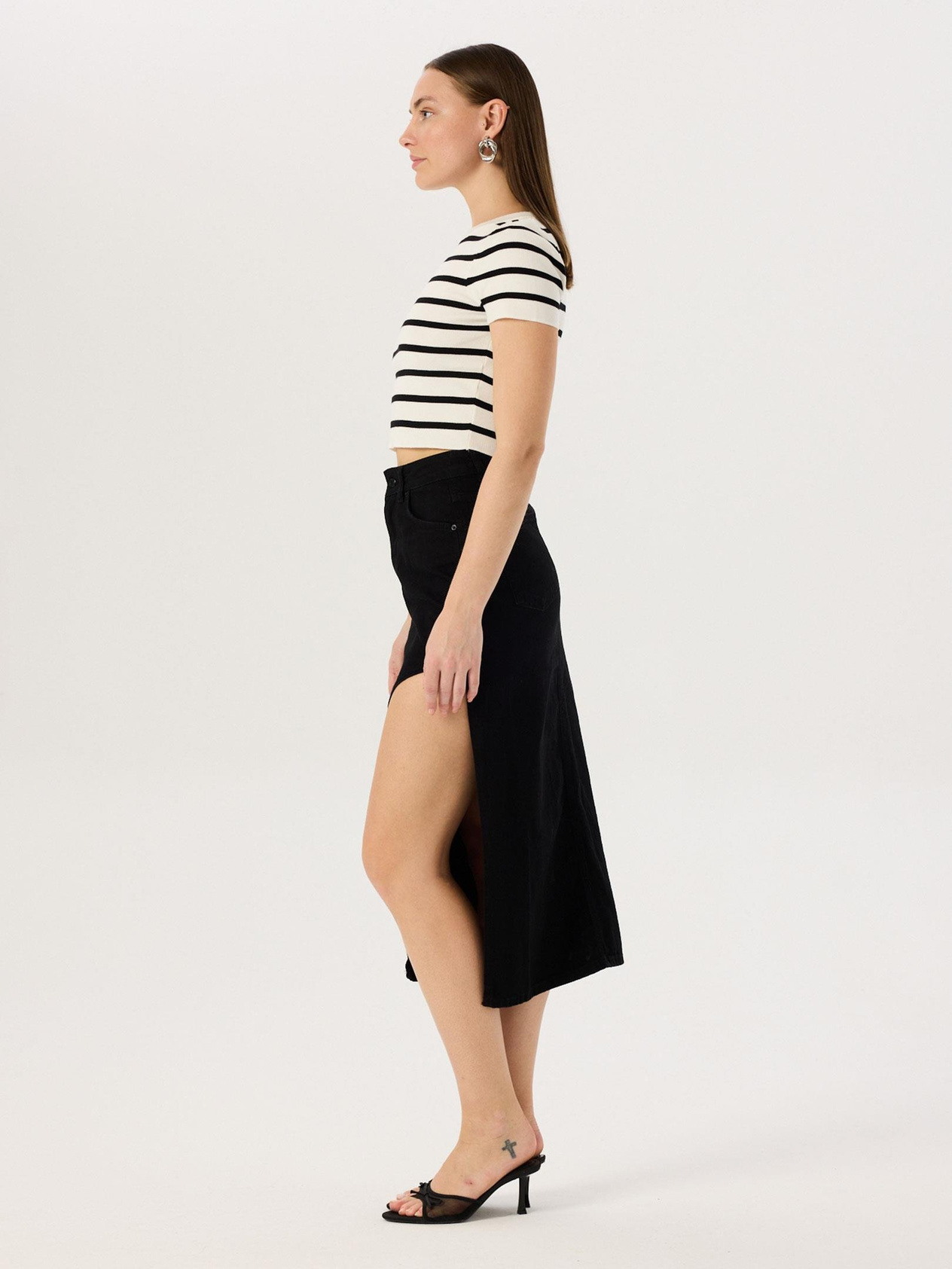 Deep Slit Denim Skirt - Black Skirt Modelleri