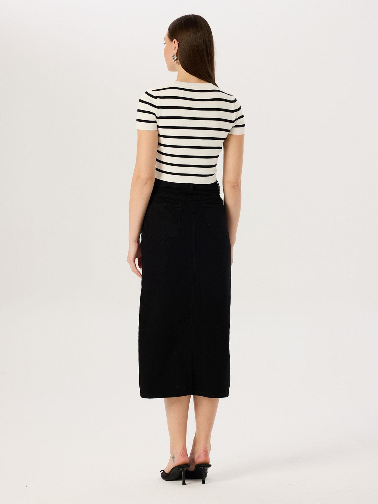 Deep Slit Denim Skirt - Black Skirt Modelleri