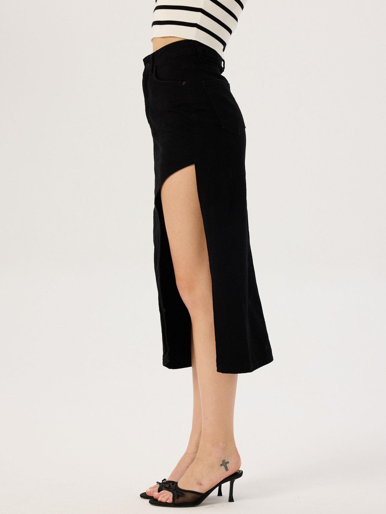 Deep Slit Denim Skirt - Black Skirt Modelleri