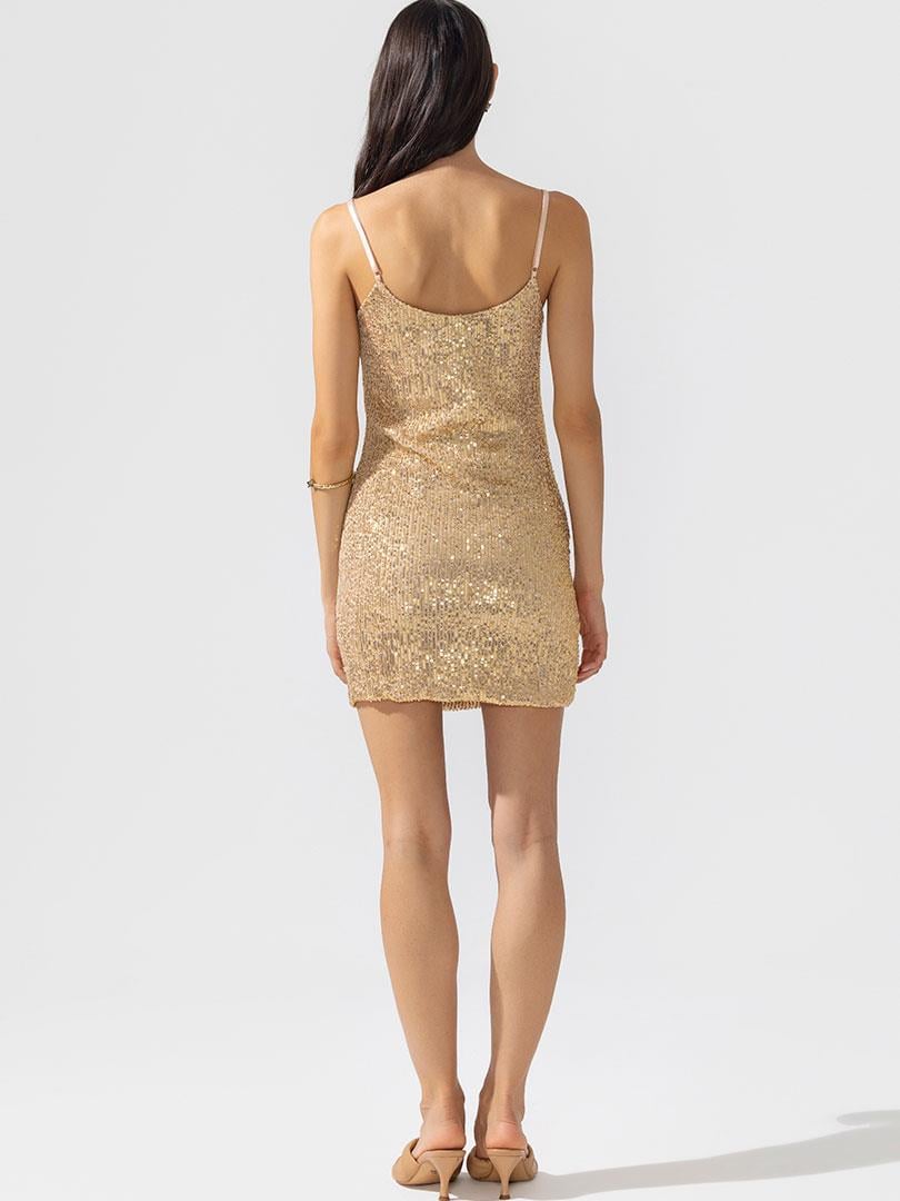 Drape Detaylı Askılı Pullu Mini Elbise - Gold Elbise Modelleri