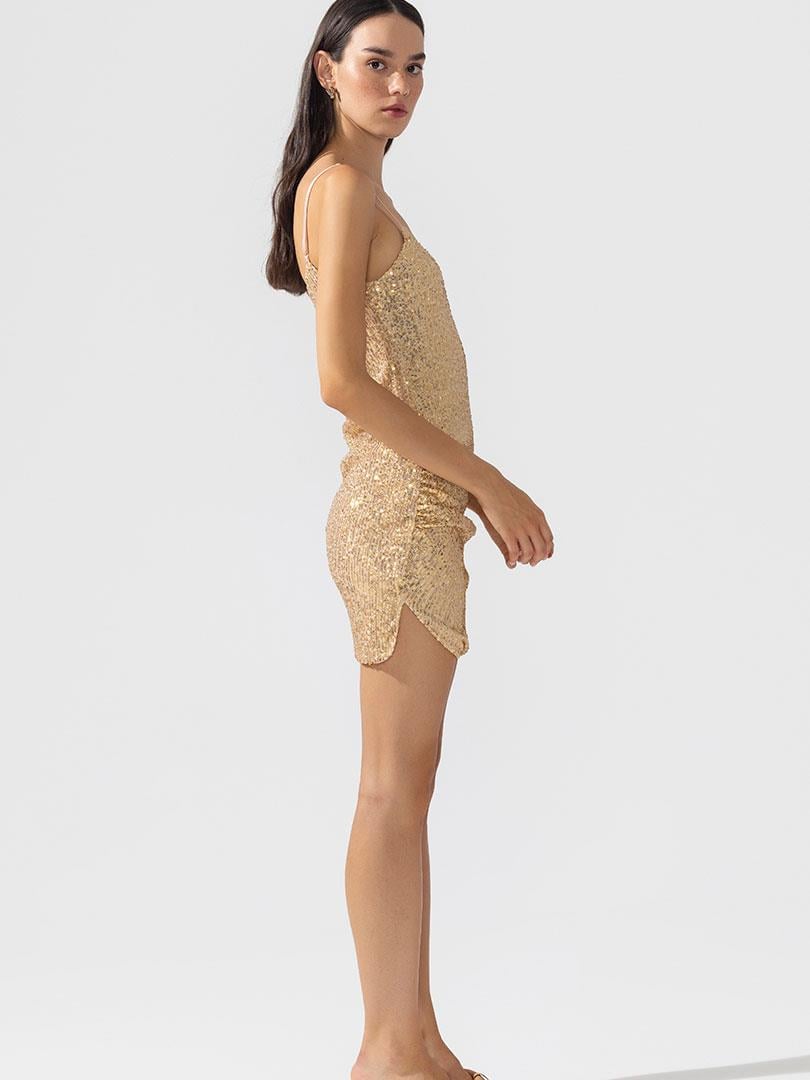 Drape Detaylı Askılı Pullu Mini Elbise - Gold Elbise Modelleri