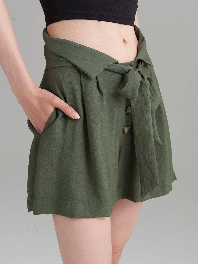 High Waist Relaxed Fit Shorts With Belt - Khaki