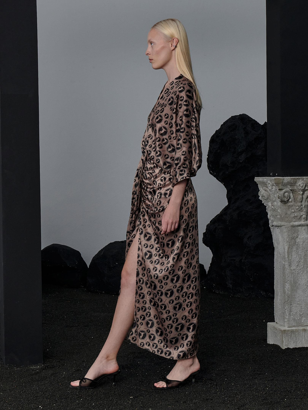 Button-Decorated Gathered Hem Dress - Athena Patterned Dress Modelleri