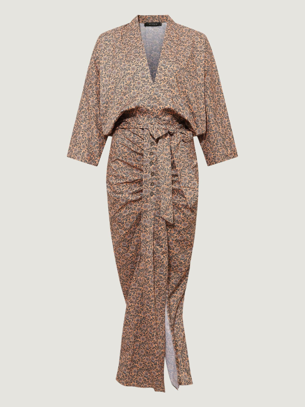 Button-Adorned and Pleated Slit Dress - Yellow Patterned Dress Modelleri