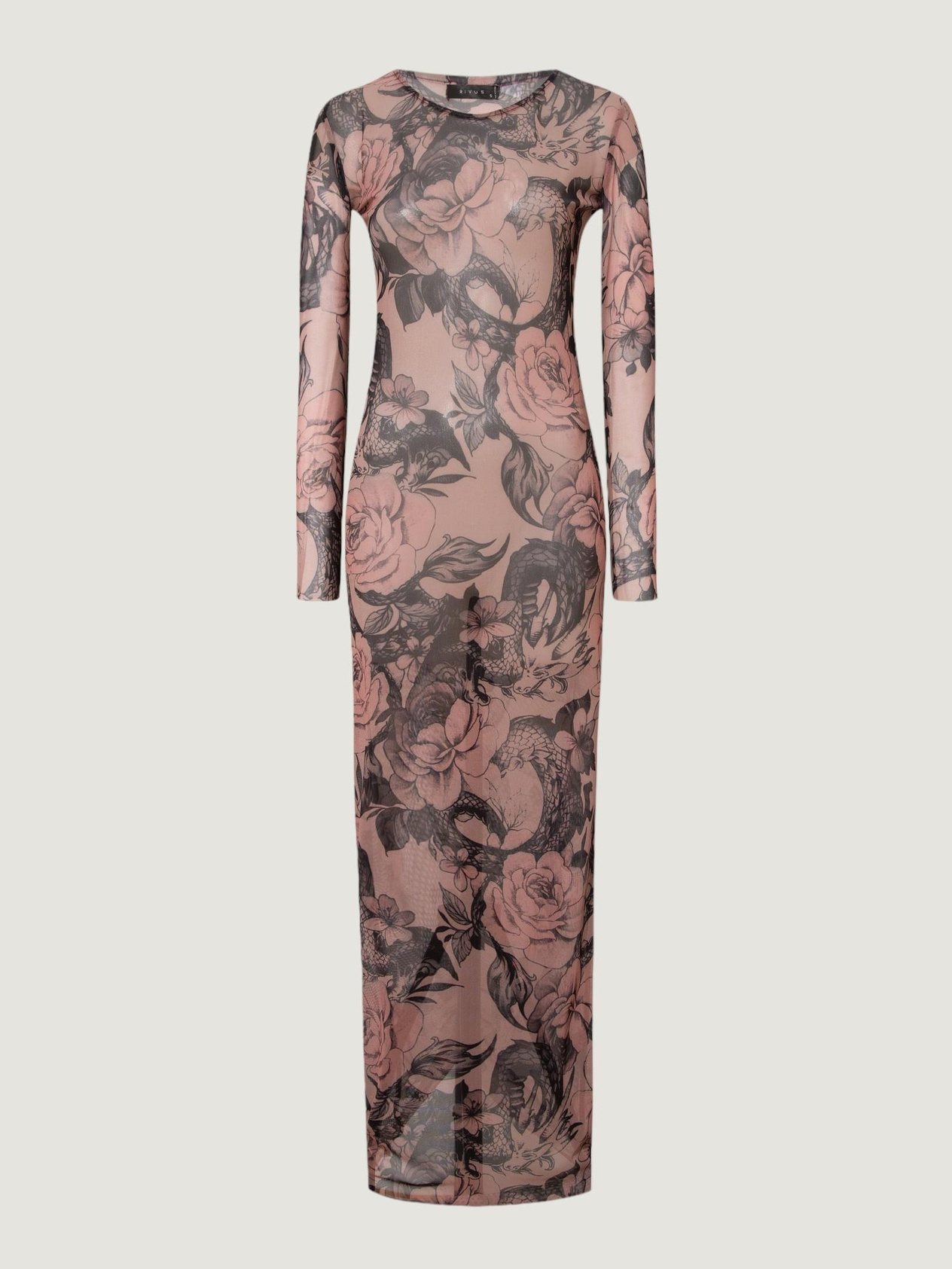 Wide Bicycle Neck Long Sleeve Maxi Mesh Dress - Tattoo Patterned Dress Modelleri
