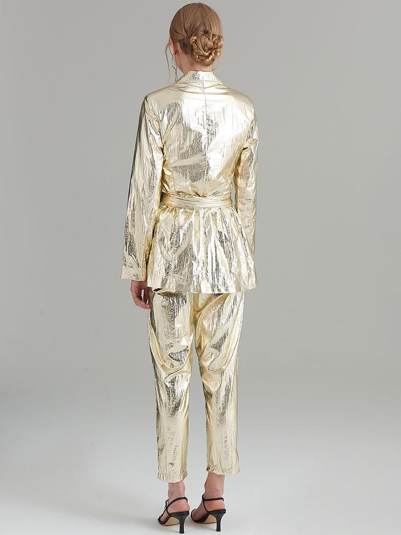 Glitter Paraşüt Kumaş Fermuar Detaylı Pantolon - Gold
