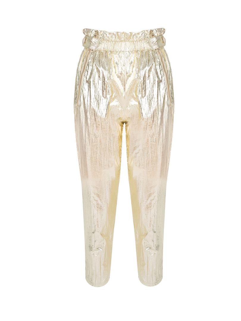 Glitter Paraşüt Kumaş Fermuar Detaylı Pantolon - Gold