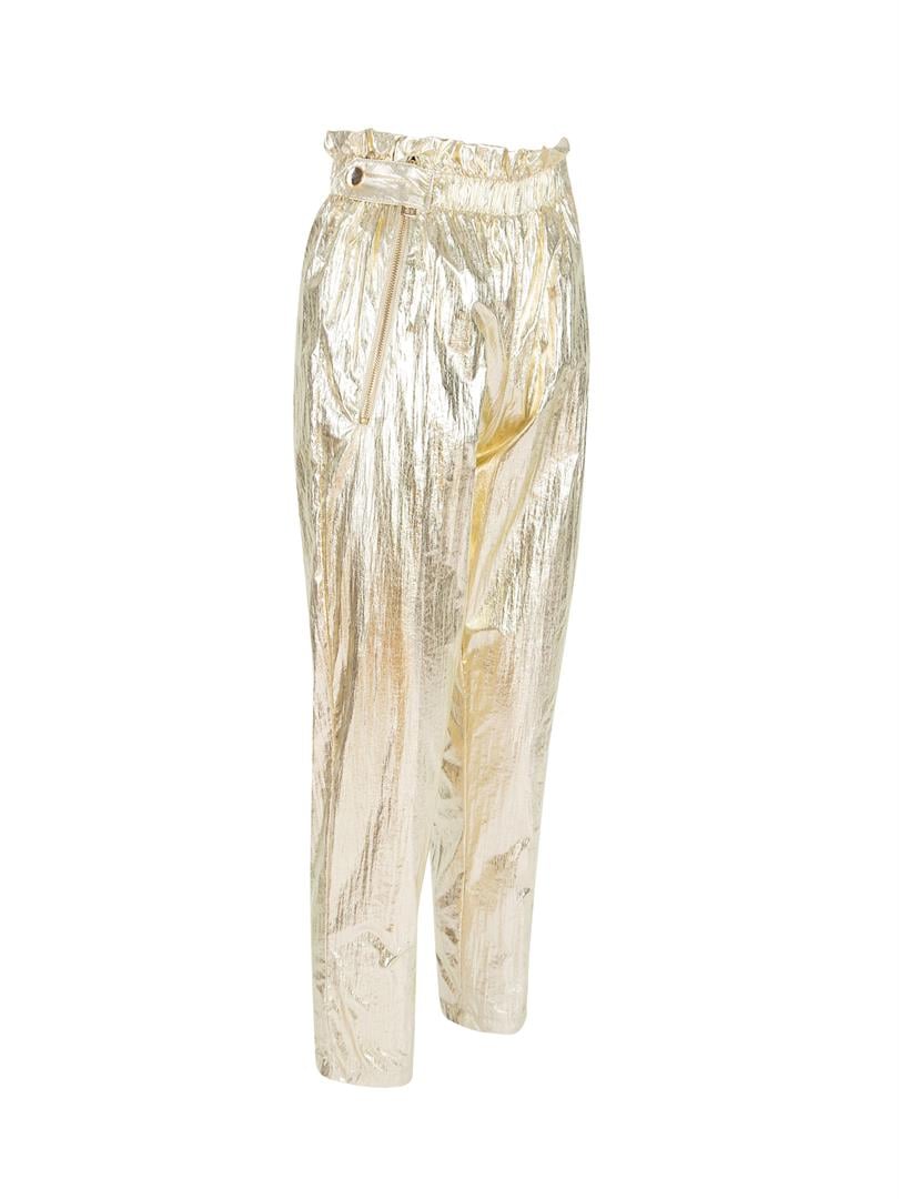 Glitter Paraşüt Kumaş Fermuar Detaylı Pantolon - Gold