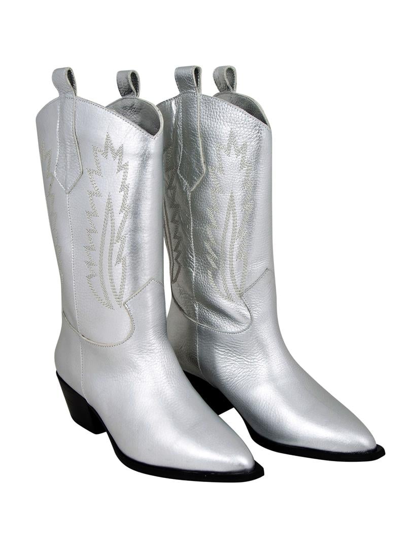 Patterned Silver Leather Boots
