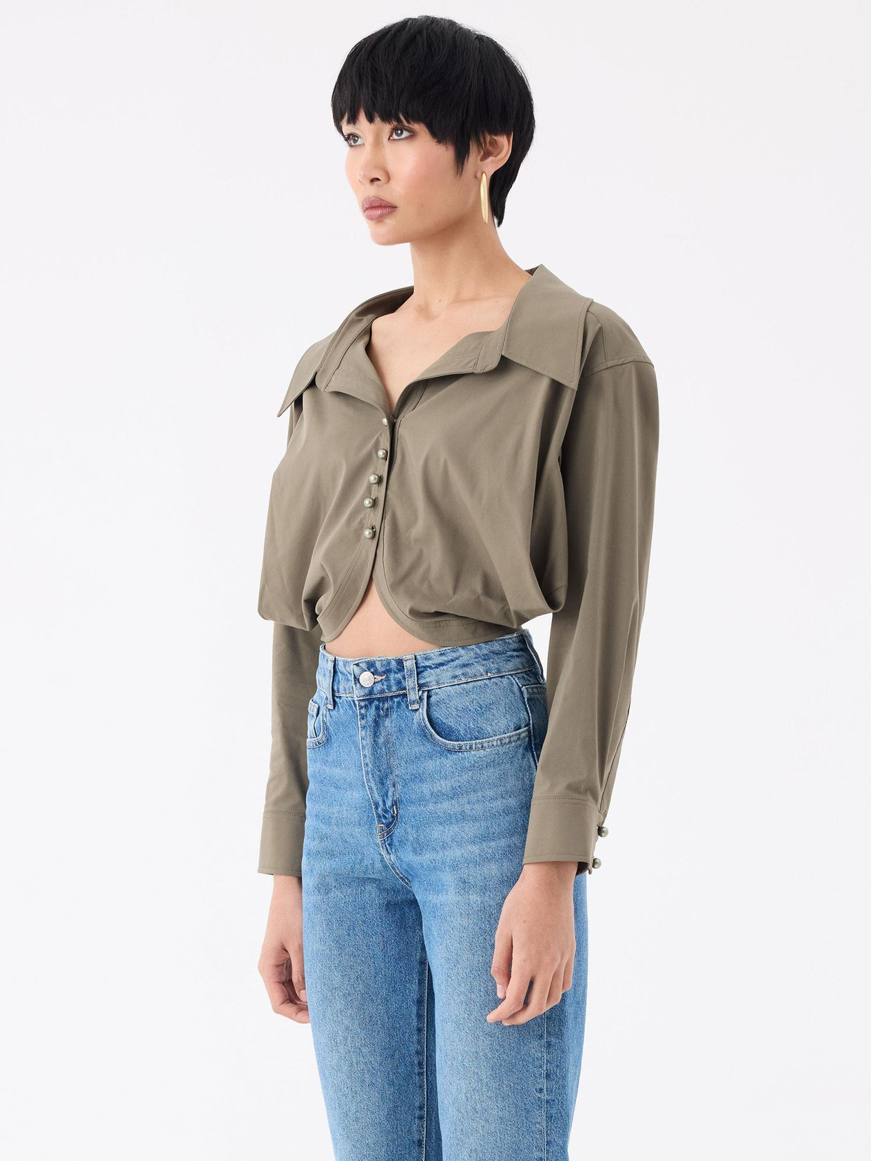 Oversized Cotton Shirt with Pearl Buttons - Khaki Shirt Modelleri