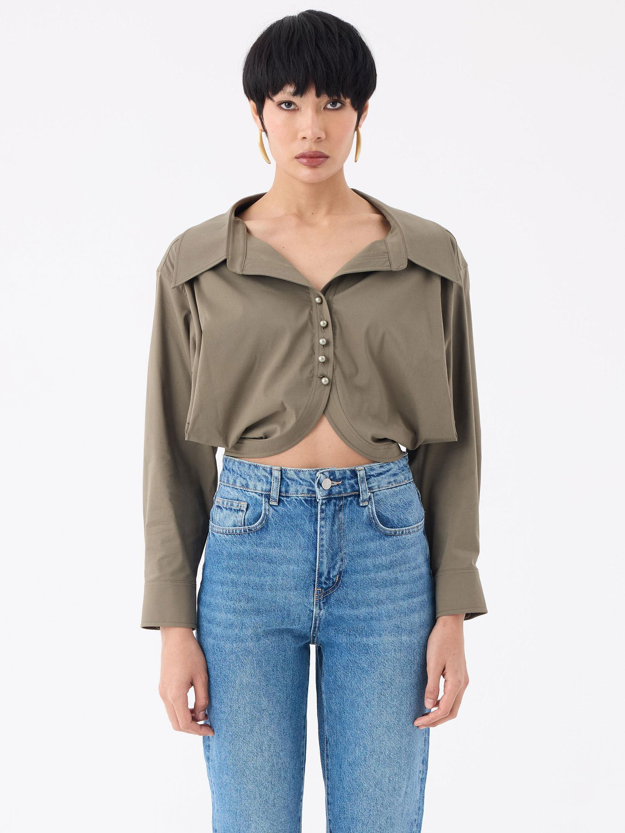 Oversized Cotton Shirt with Pearl Buttons - Khaki Shirt Modelleri