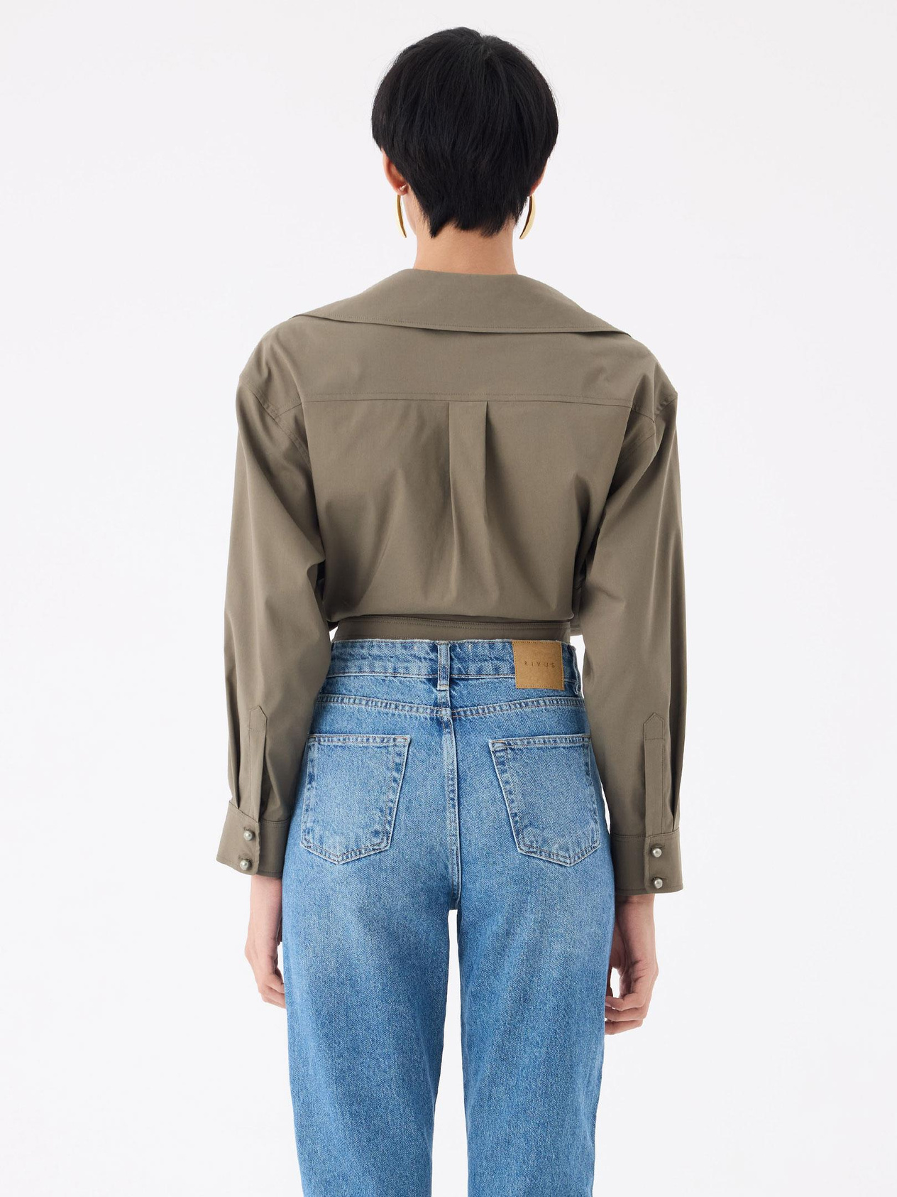 Oversized Cotton Shirt with Pearl Buttons - Khaki Shirt Modelleri