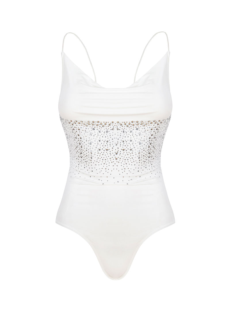 İp Askılı Degaje Yaka Kristal Taşlı Bodysuit - Ekru
