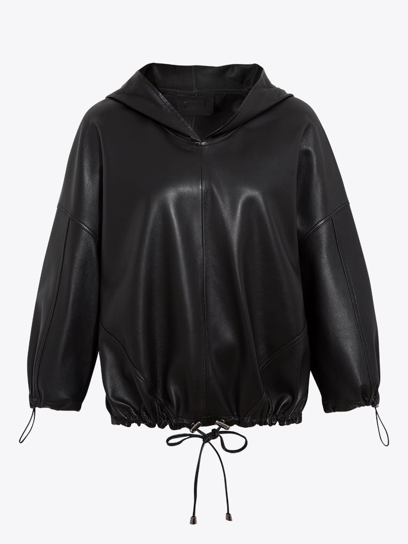 Kapüşonlu Deri Sweatshirt - Siyah