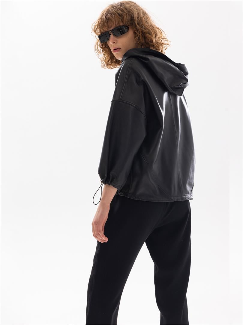 Kapüşonlu Deri Sweatshirt - Siyah