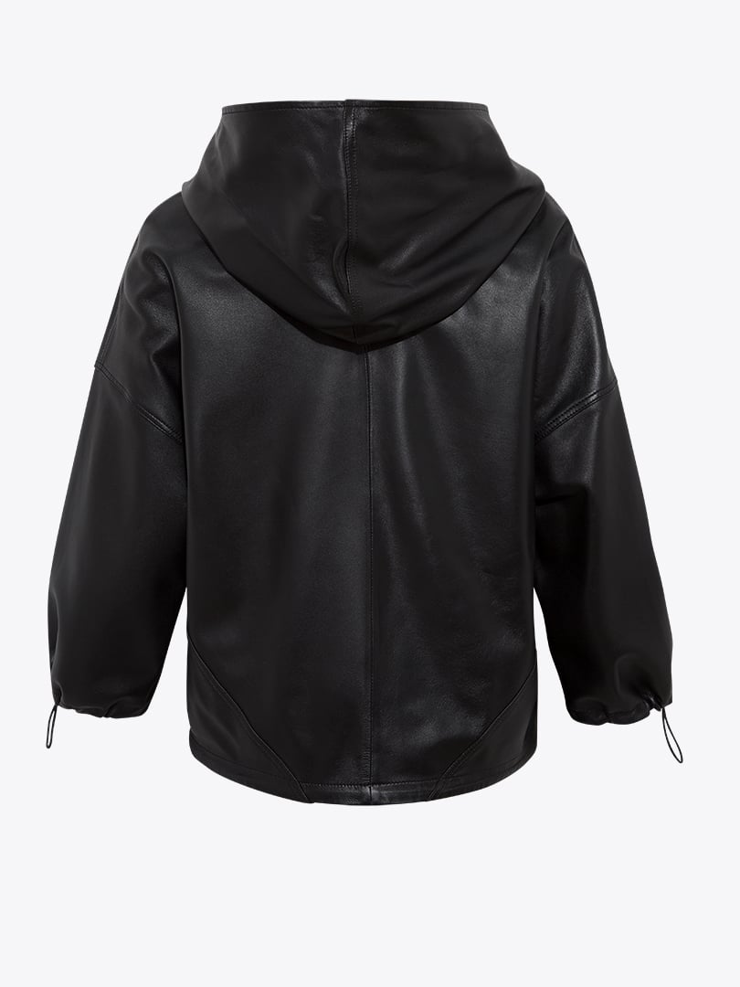 Kapüşonlu Deri Sweatshirt - Siyah