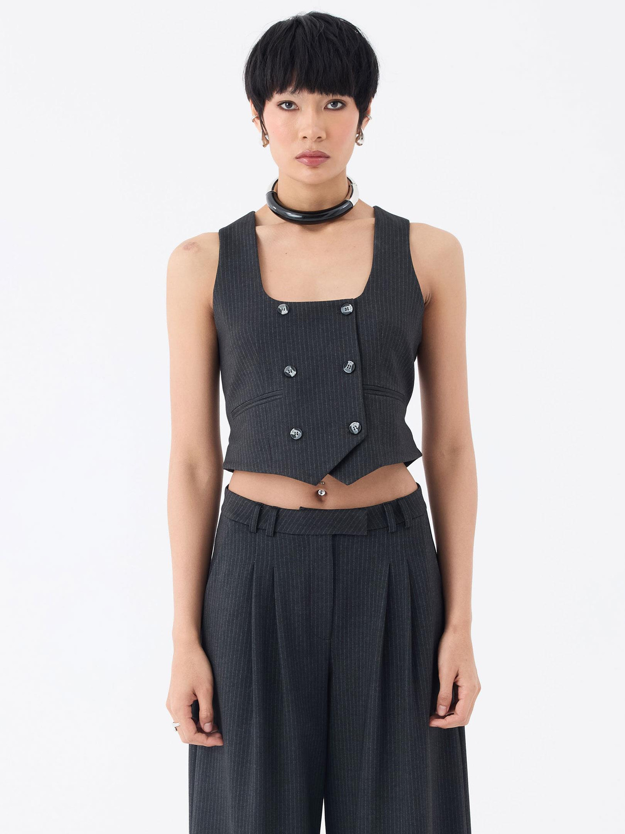 Double-Breasted Buttoned Vest - Anthracite Striped Waistcoat Modelleri