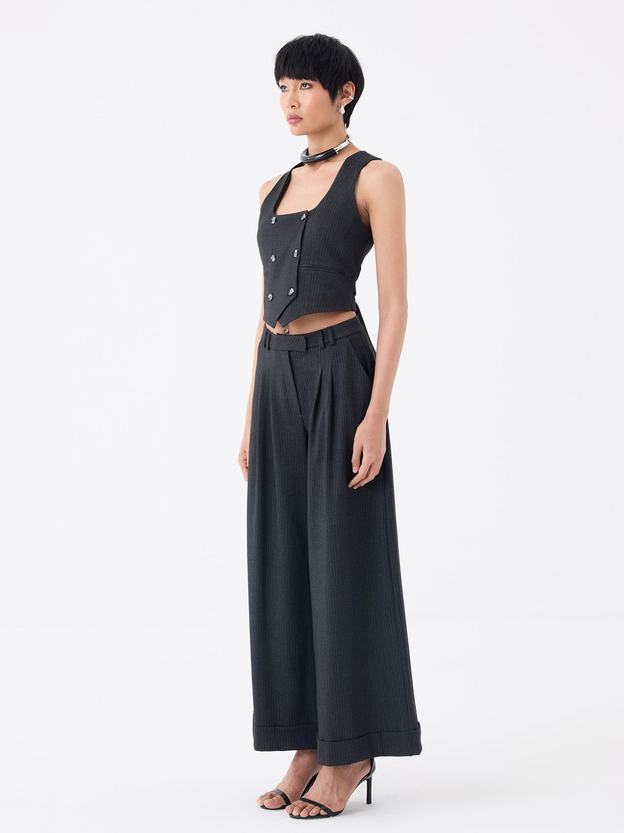 Double-Breasted Buttoned Vest - Anthracite Striped Waistcoat Modelleri