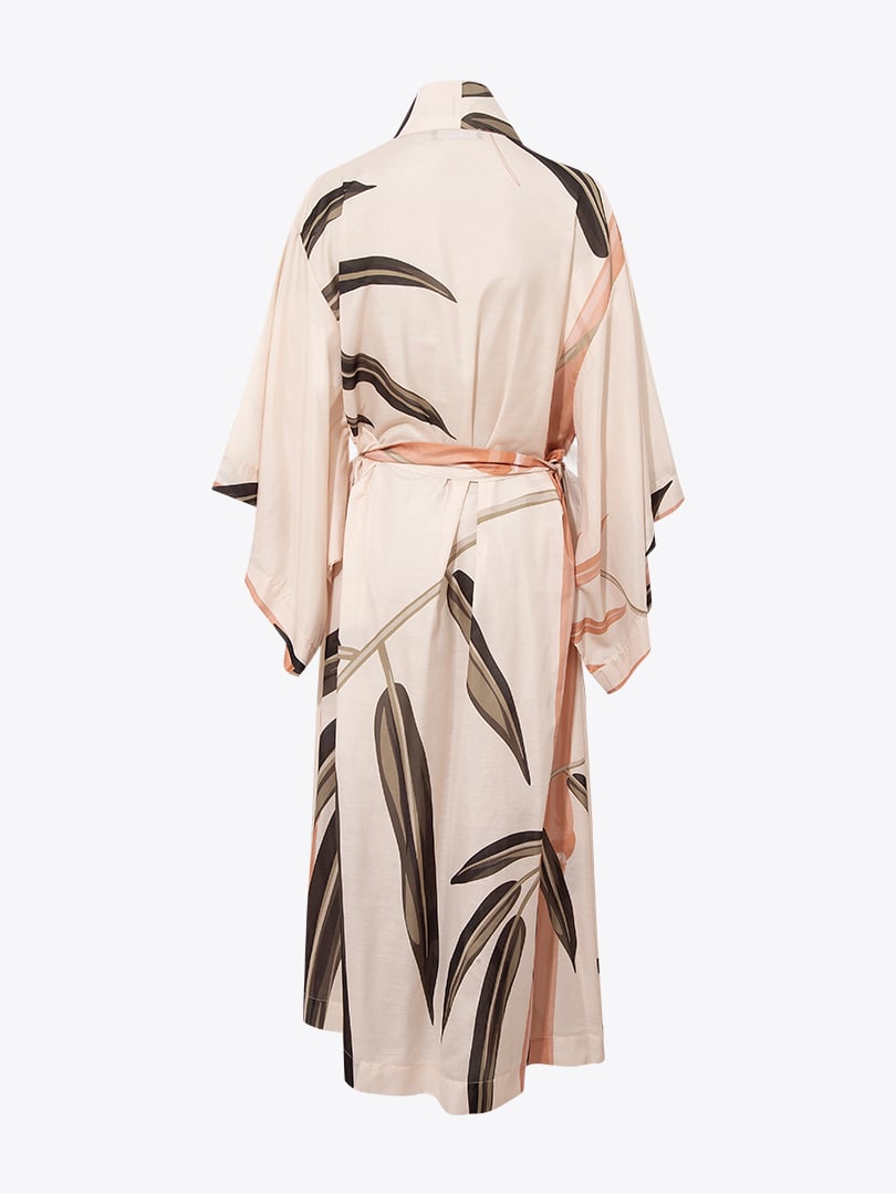 Kuşaklı Rahat Kesim Uzun Kimono - Bej Desenli