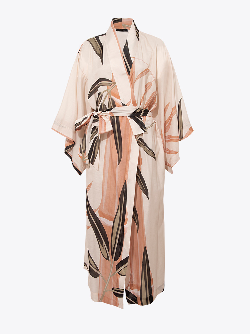 Kuşaklı Rahat Kesim Uzun Kimono - Bej Desenli