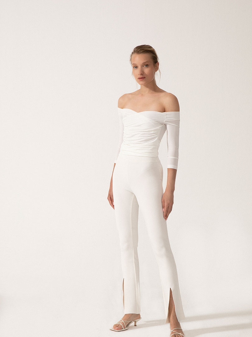 ZABNI Flared Maxi Knit Pants With Front Slit
