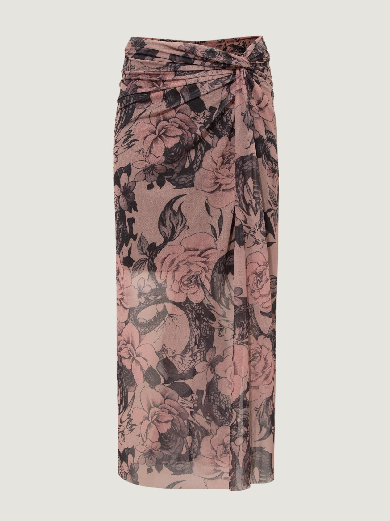 Front Twist Slit Long Mesh Skirt - Tattoo Pattern Skirt Modelleri