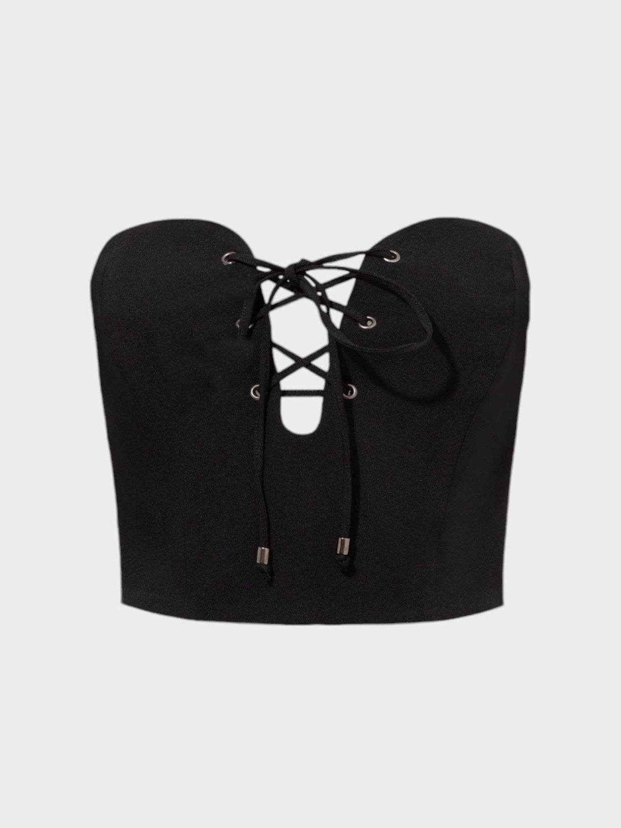 Front Cut-Out Lace-Up Sweetheart Neck Strapless Bustier - Black Bluz Modelleri