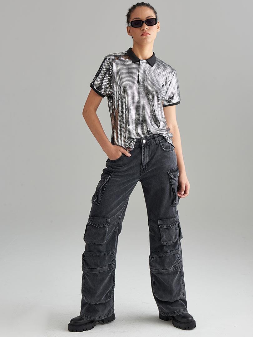 Sequined Polo T-Shirt - Silver