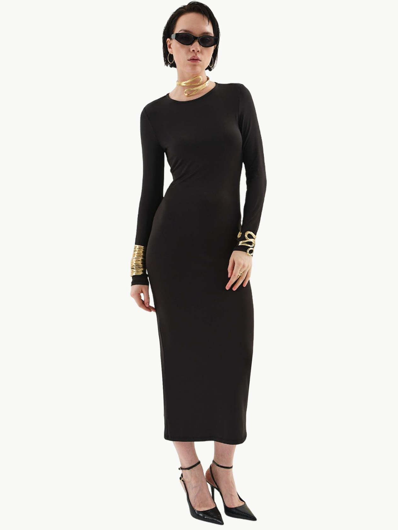 Back Window Detail Long Sleeve Maxi Dress - Black Dress Modelleri