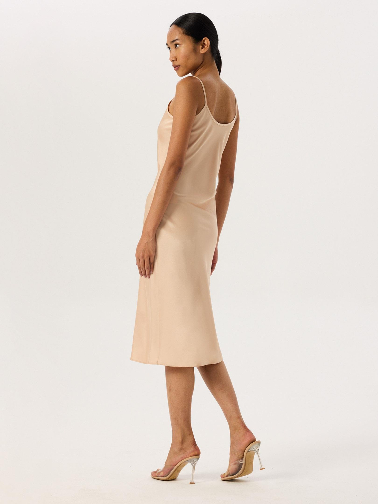 Spaghetti Strapped Satin Midi Dress -Beige Dress Modelleri