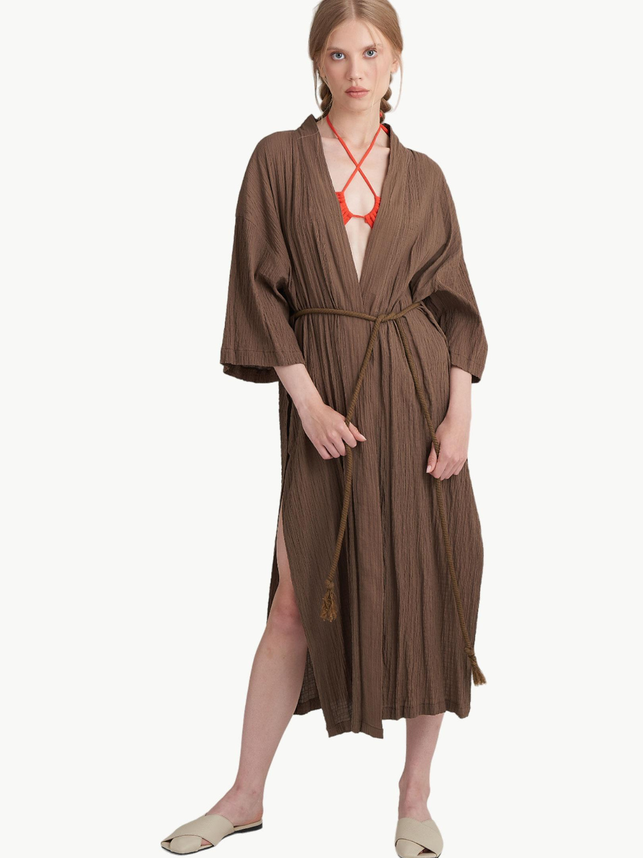 Relaxed Fit Long Kimono - Brown Kimono & Pareo Modelleri