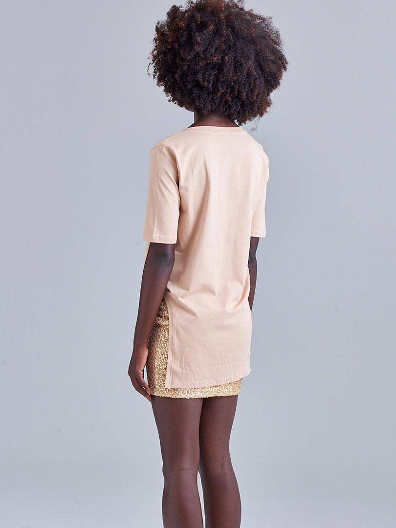 V-Neck Asymmetric Basic T-Shirt - Beige T-shirt Modelleri